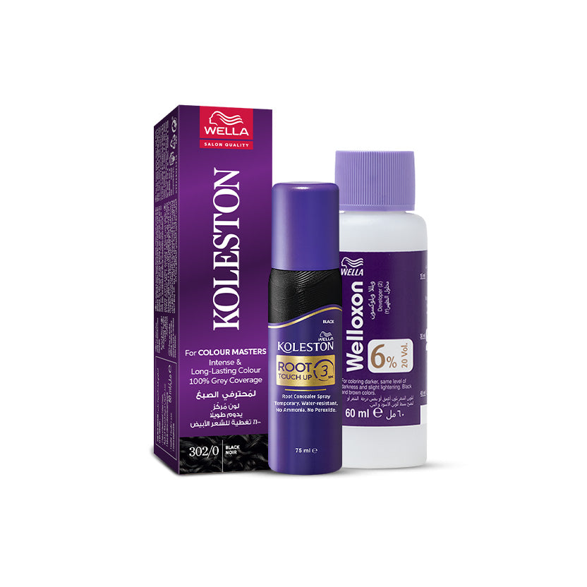 Wella Koleston Single 302/0 Natural Black + Welloxon 6% (20 Vol.) Developer + Root Touch Up Spray Black Bundle