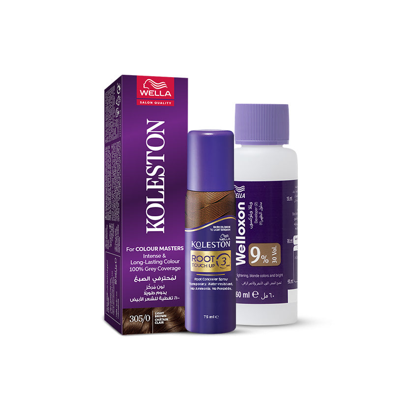 Wella Koleston Single 305/0 Light Brown + Welloxon 9% (30 Vol.) Developer + Root Touch Up Spray Dark Blonde to Light Brown Bundle