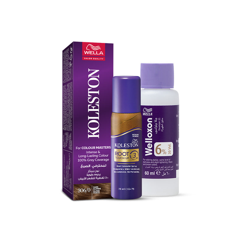 Wella Koleston Single 306/0 Dark Blonde + Welloxon 6% (20 Vol.) Developer + Root Touch Up Spray Medium Blonde Bundle