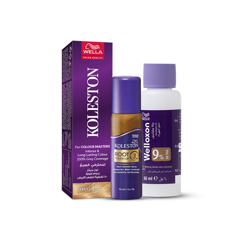 Wella Koleston Single 309/0 Lightest Blonde + Welloxon 9% (30 Vol.) Developer + Root Touch Up Spray Medium Blonde Bundle