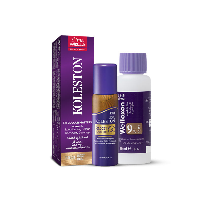 Wella Koleston Single 310/0 Platinum Blonde + Welloxon 9% (30 Vol.) Developer + Root Touch Up Spray Medium Blonde Bundle