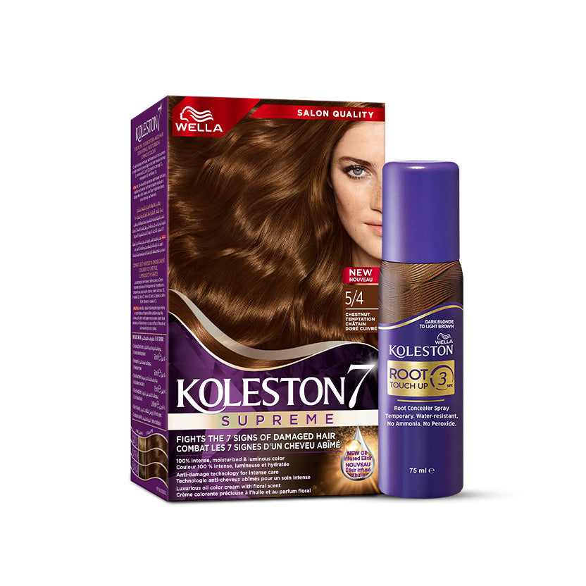 Wella Koleston Supreme Hair Color 5/4 Chestnut Temptation + Root Touch Up Spray Dark Blonde to Light Brown Bundle