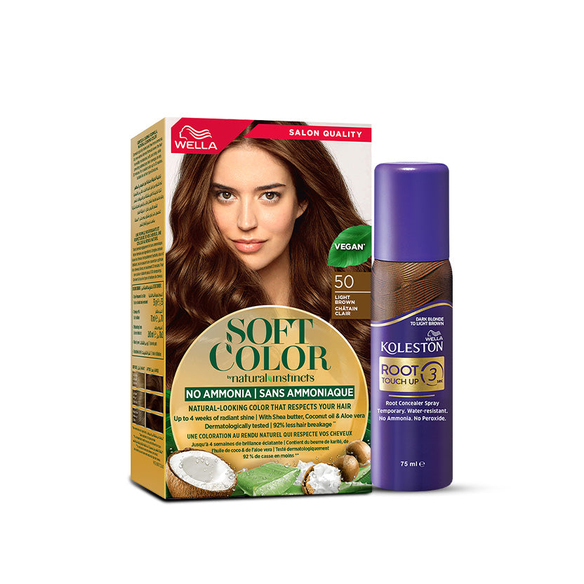 Wella Soft Color Natural Instincts Kit 5/0 Light Brown + Root Touch Up Spray Dark Blonde to Light Brown Bundle