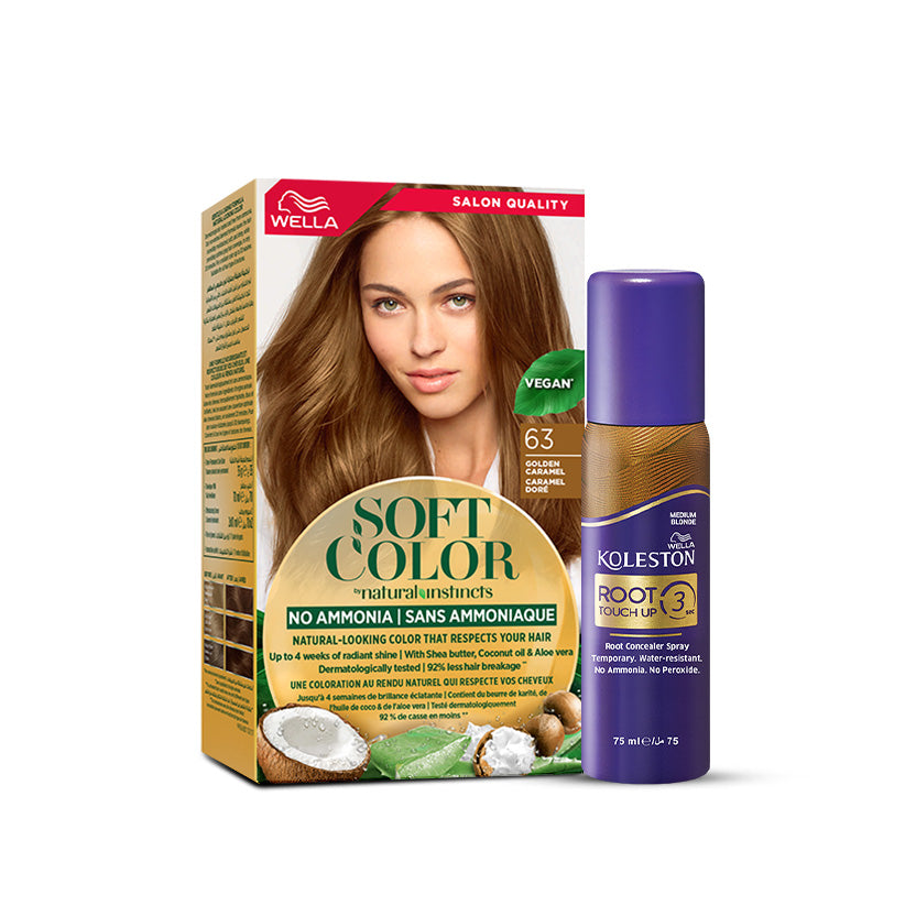 Wella Soft Color Natural Instincts Kit 6/3 Golden Caramel + Root Touch Up Spray Medium Blonde Bundle
