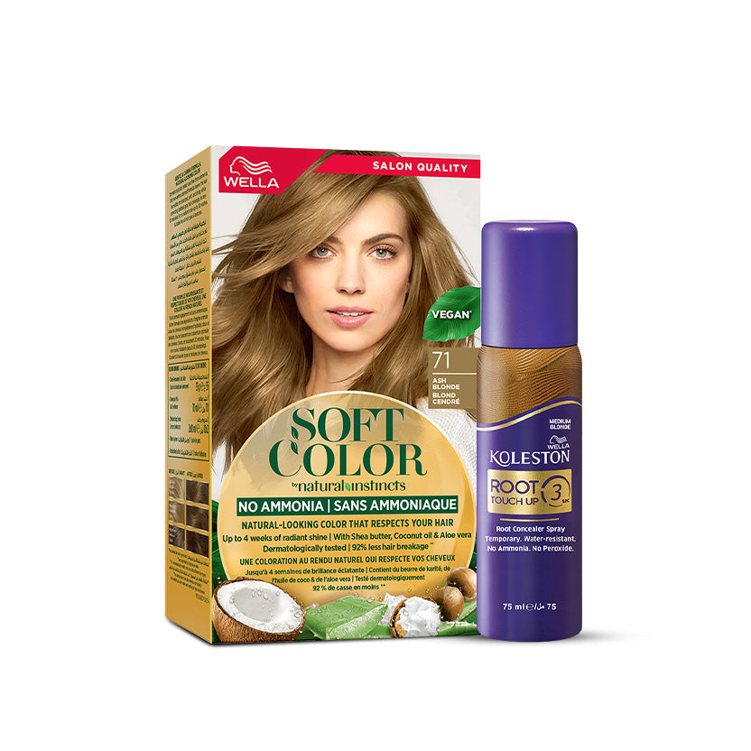 Wella Soft Color Natural Instincts Kit 7/1 Ash Blonde + Root Touch Up Spray Medium Blonde Bundle
