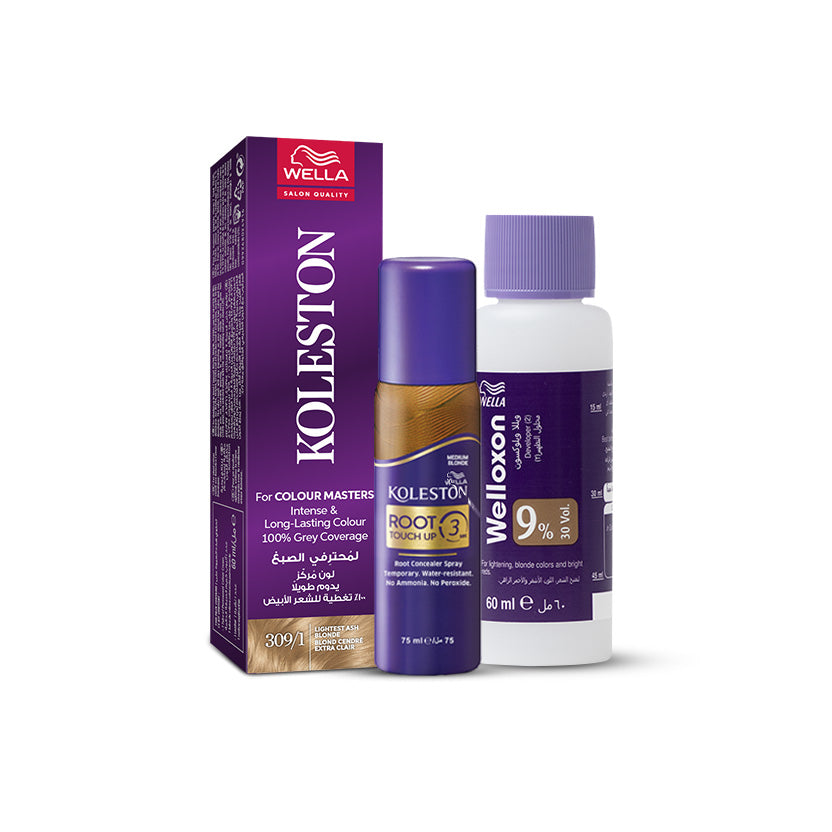 Wella Koleston Single 309/1 Special Light Ash Blonde + Welloxon 9% (30 Vol.) Developer + Root Touch Up Spray Medium Blonde Bundle