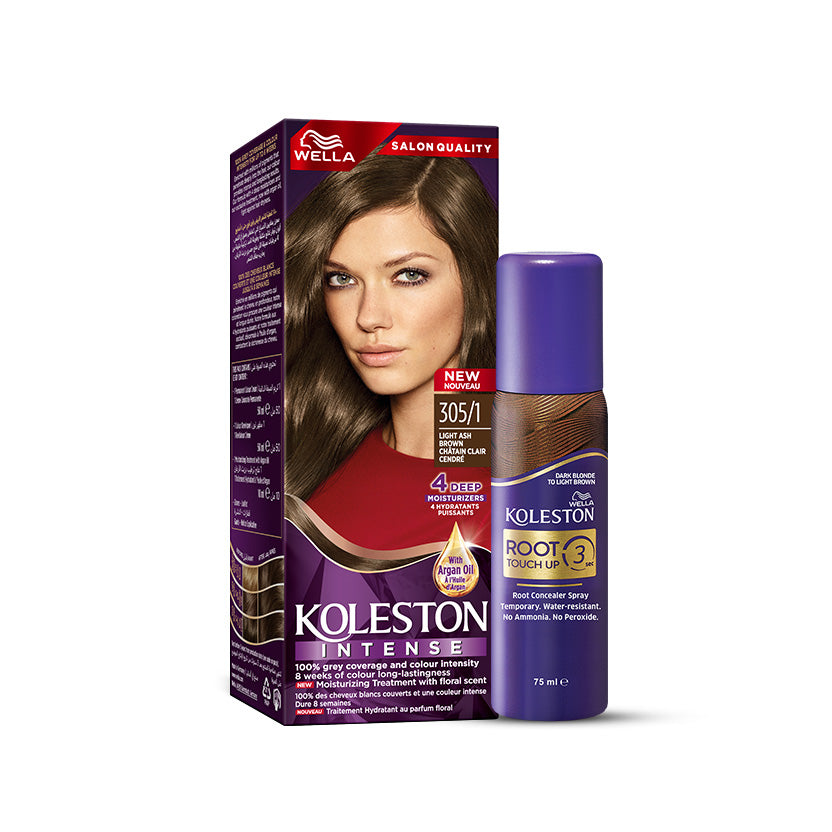 Wella Koleston Intense 305/1 Light Ash Brown with Wella Root Touch Up Spray Dark Blonde to Light Brown bundle