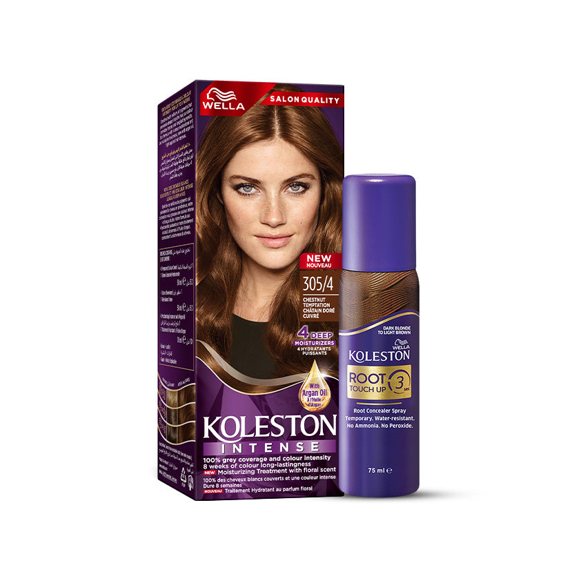 Wella Koleston Intense 305/4 Chestnut Temptation with Wella Root Touch Up Spray Dark Blonde to Light Brown bundle Main image