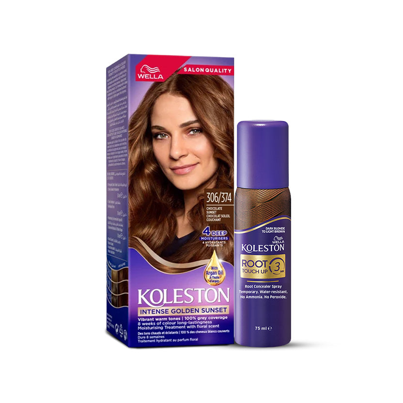 Wella Koleston Intense Golden Sunset 306/374 Chocolate Sunset with Wella Root Touch Up Spray Dark Blonde to Light Brown bundle Main image