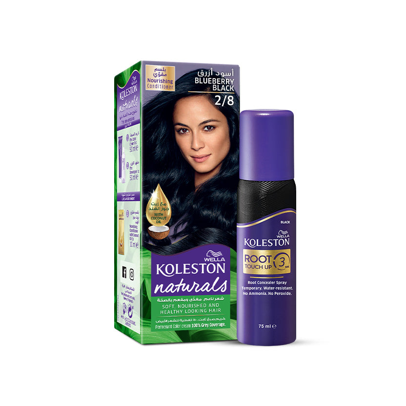 Wella Koleston Naturals 2/8 Blueberry Black with Root Touch Up Spray Black bundle