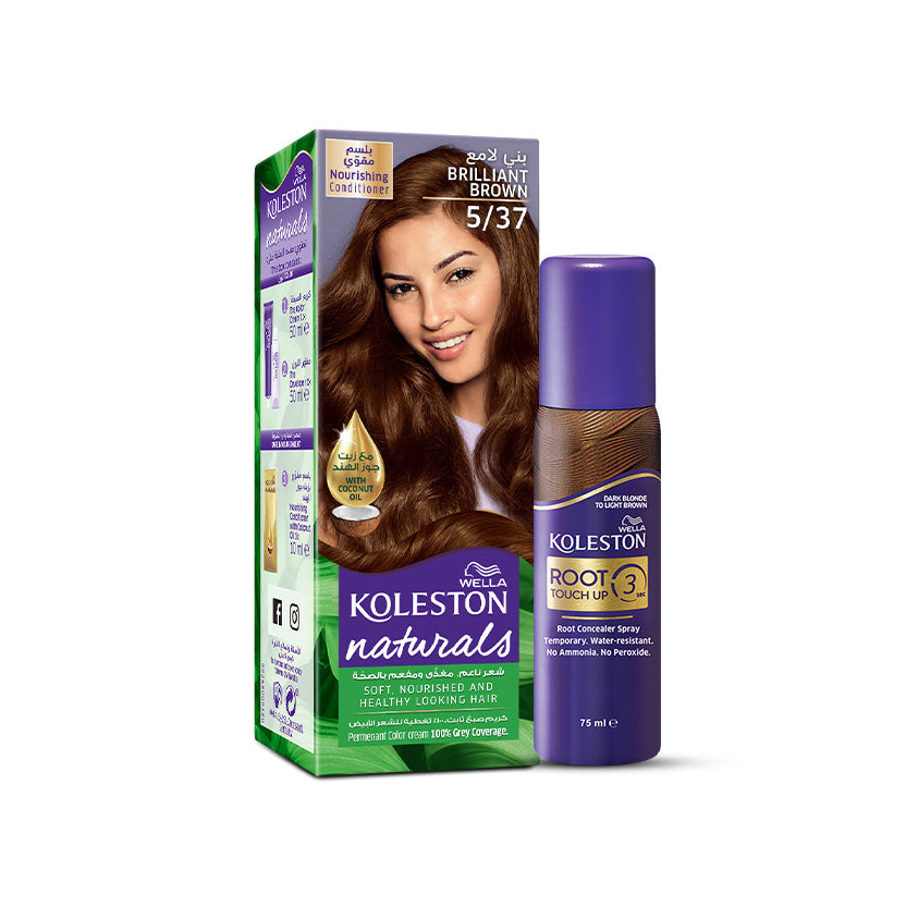 Wella Koleston Naturals 5/37 Brilliant Brown with Root Touch Up Spray Dark Blonde to Light Brown bundle